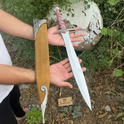 Handmade Fantasy Short Sword with Reddish Wood Grip and Wooden Sheath