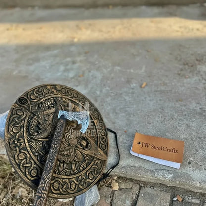 Handcrafted Viking Shield and Engraved Axe Set with Raven Motif and Norse Knotwork