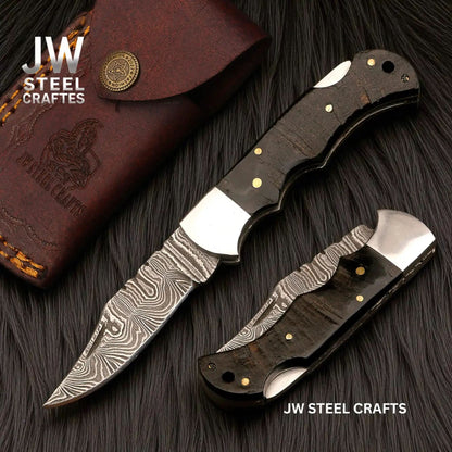 Handmade Damascus Folding Knife with Ram Horn or American Flag Handle