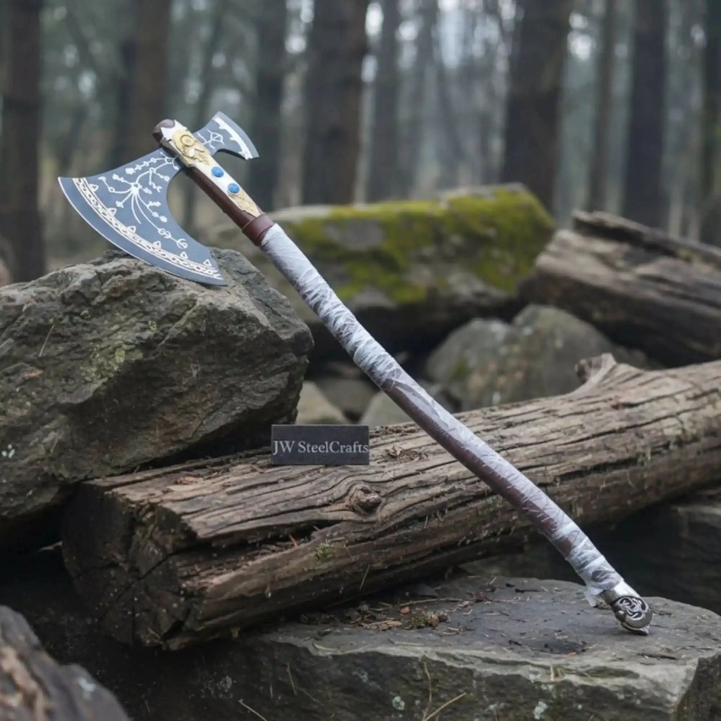 Hand Forged Viking Fantasy Double-Bit Axe with Norse Engraving, Gold Handle Fittings and Blue Gemstone Inlays