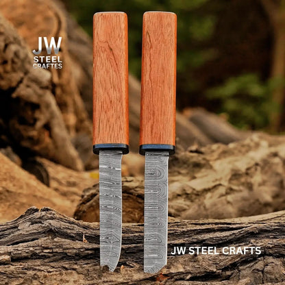 Damascus Utility Knife — 5-Inch Blade, Natural Rosewood Handle, Blue Epoxy Resin Spacer and Interlocking Wood Scabbard