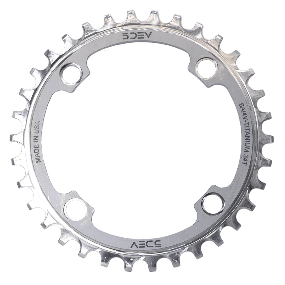 5DEV Titanium 104BCD Chainring - 34t 4-Bolt Raw Ti
