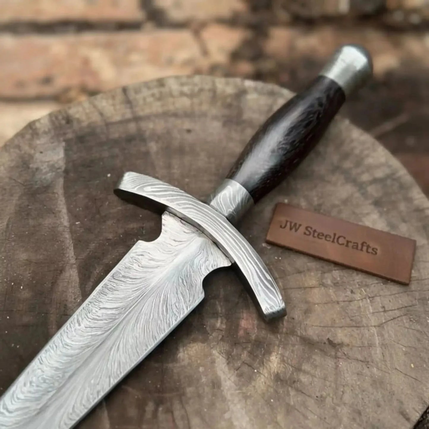 8” Damascus Double Edge Dagger Knife Spear Point Blade Wooden Handle Crossguard Fixed Blade