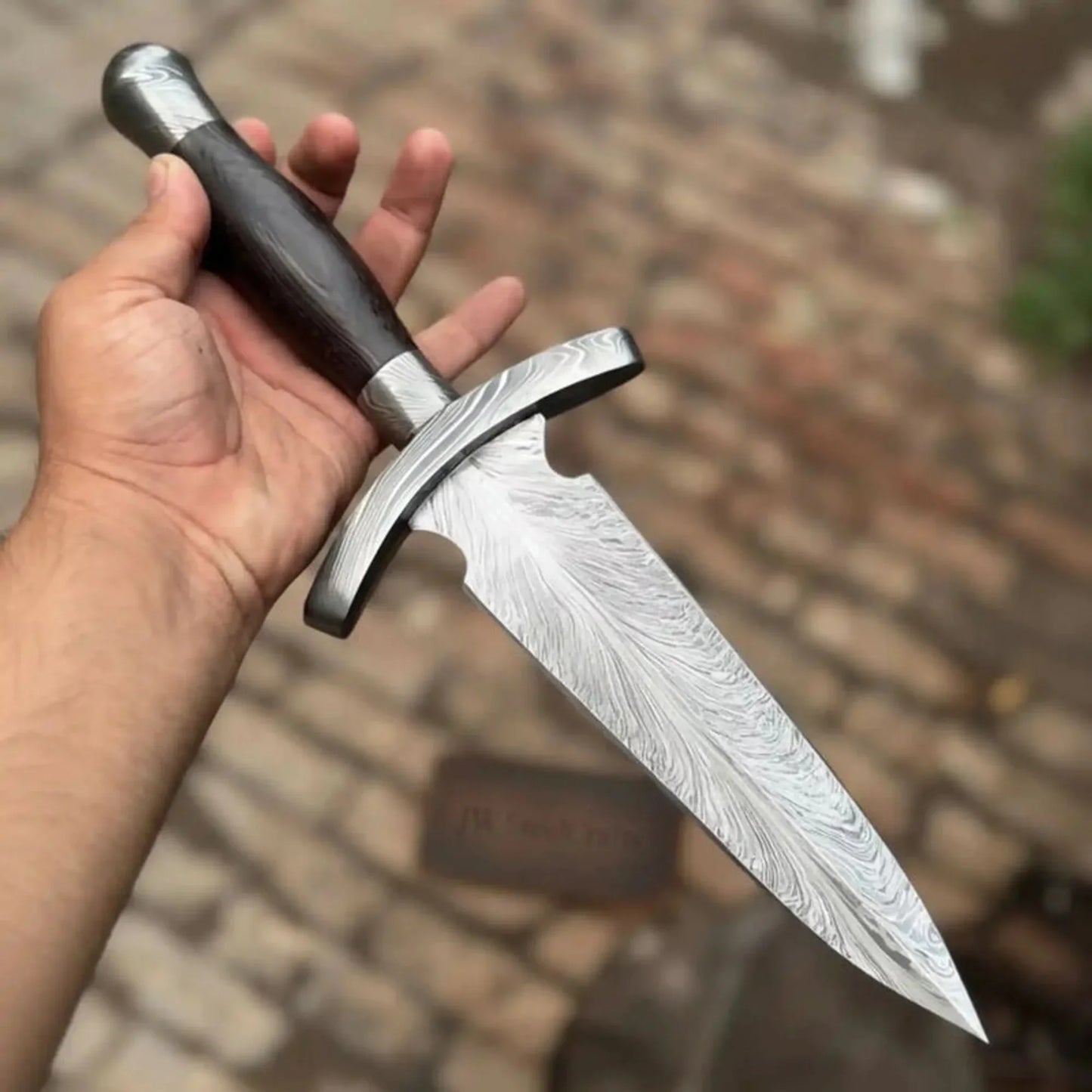 8” Damascus Double Edge Dagger Knife Spear Point Blade Wooden Handle Crossguard Fixed Blade