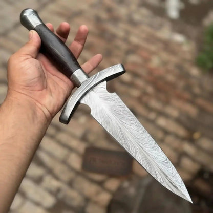 8” Damascus Double Edge Dagger Knife Spear Point Blade Wooden Handle Crossguard Fixed Blade