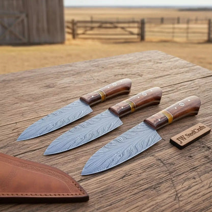 3-Piece Feather Pattern Damascus Knife Set with Rosewood Pakka Wood Handles