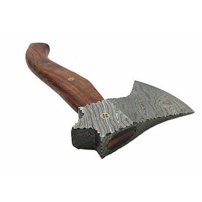 Handmade Damascus Camp Axe with Mosaic Pin and Rosewood Handle