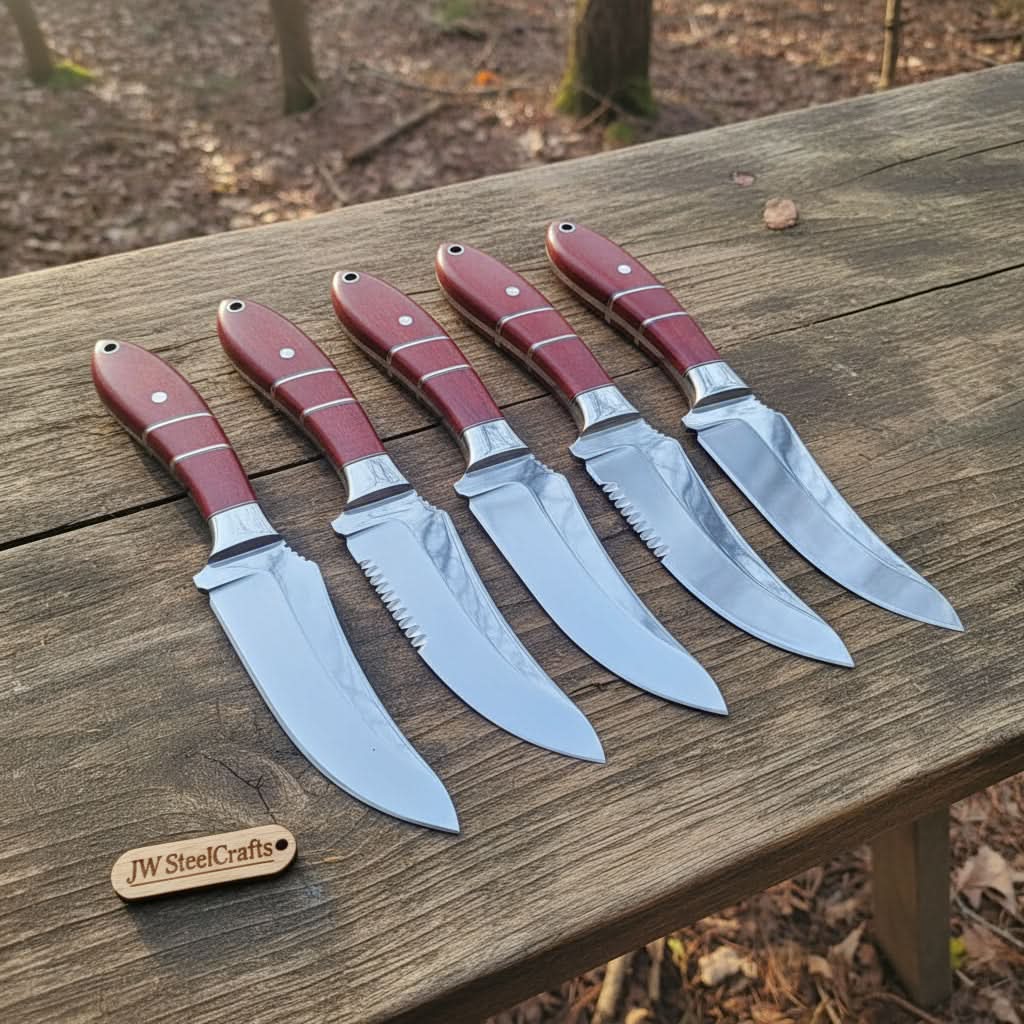 Handmade Drop Point Hunting Knife Set of 5-Piece Full Tang Blades with Red Resin Handles