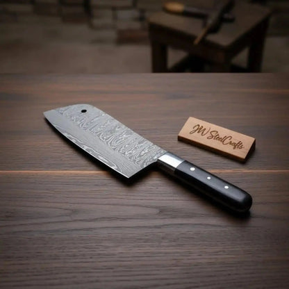 7-Inch Forged Damascus Cleaver Knife — Twisted Pattern Blade, Grey Pakka Wood Handle, Steel Bolster & Hanging Hole | JW Steel Crafts