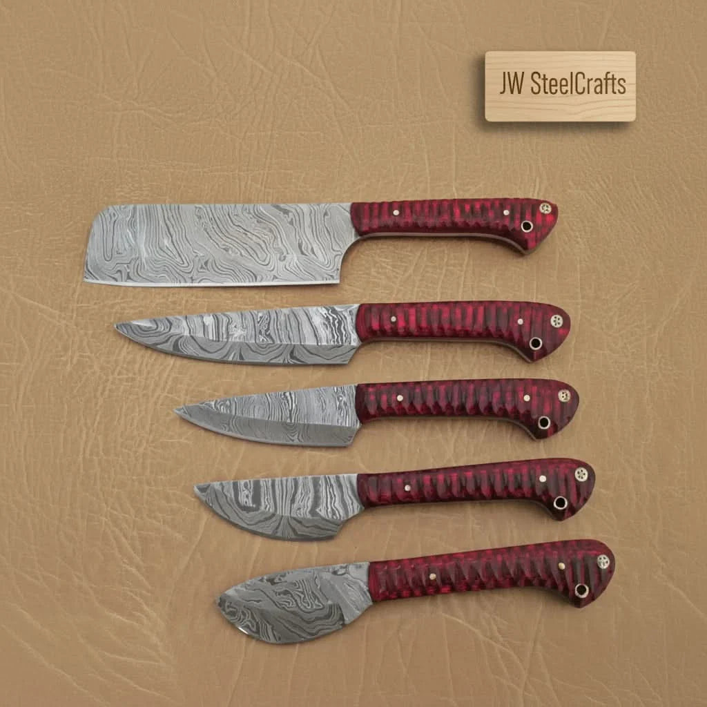 6-Piece Damascus Kitchen Knife Set — Bread, Chef, Santoku, Utility, Boning & Paring with Red Wood Handles