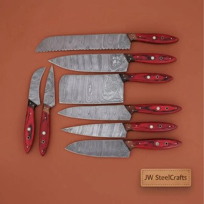 Damascus Kitchen Knife Set of 8, Hand-Forged with Red Pakka Handles