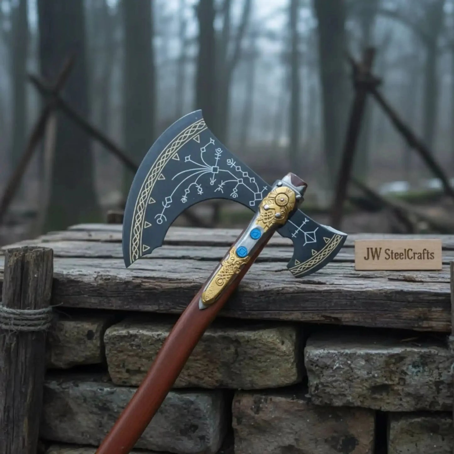 Hand Forged Viking Fantasy Double-Bit Axe with Norse Engraving, Gold Handle Fittings and Blue Gemstone Inlays
