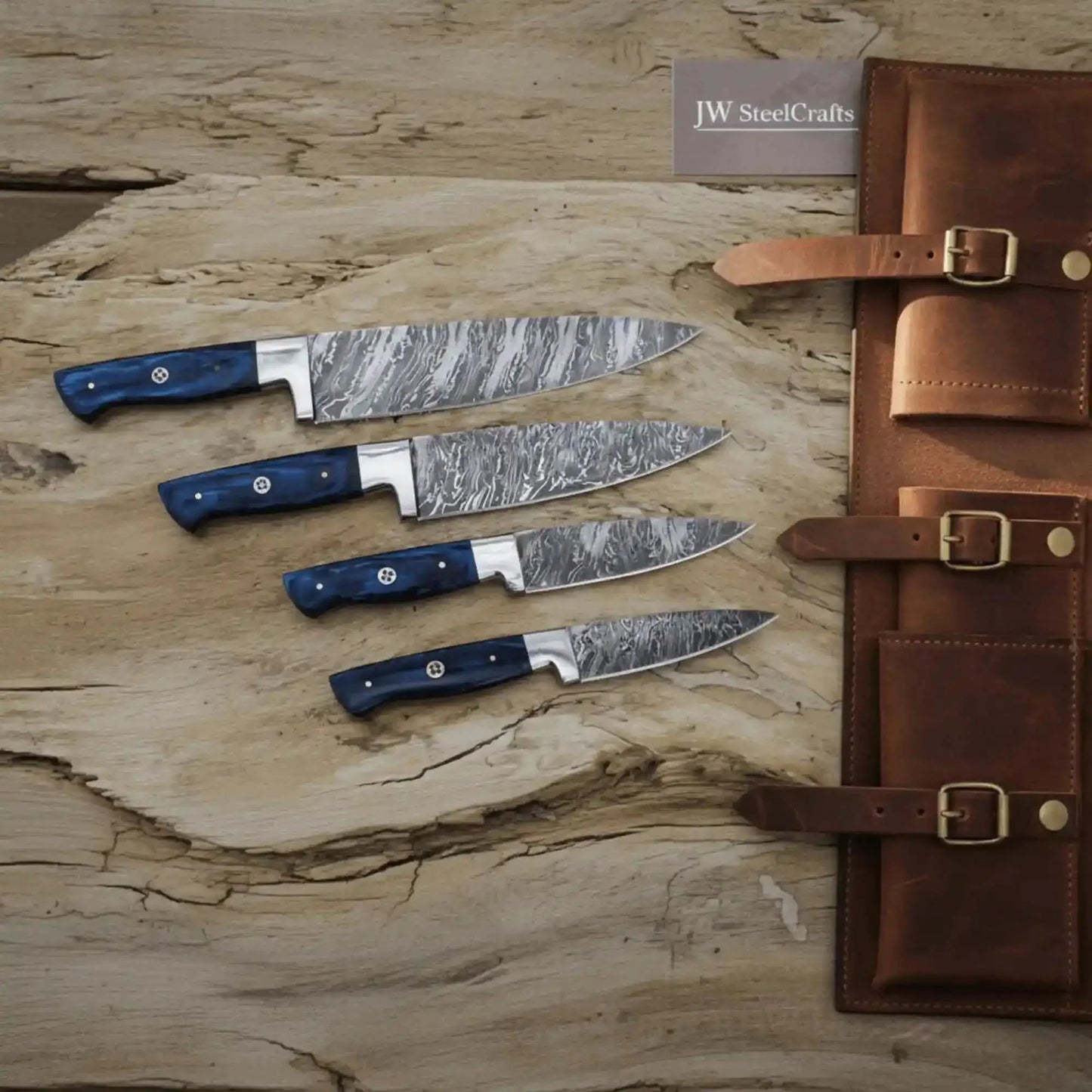 4-Piece Damascus Chef Knife — Fire Pattern Damascus Blades, Blue Pakka Wood Handles