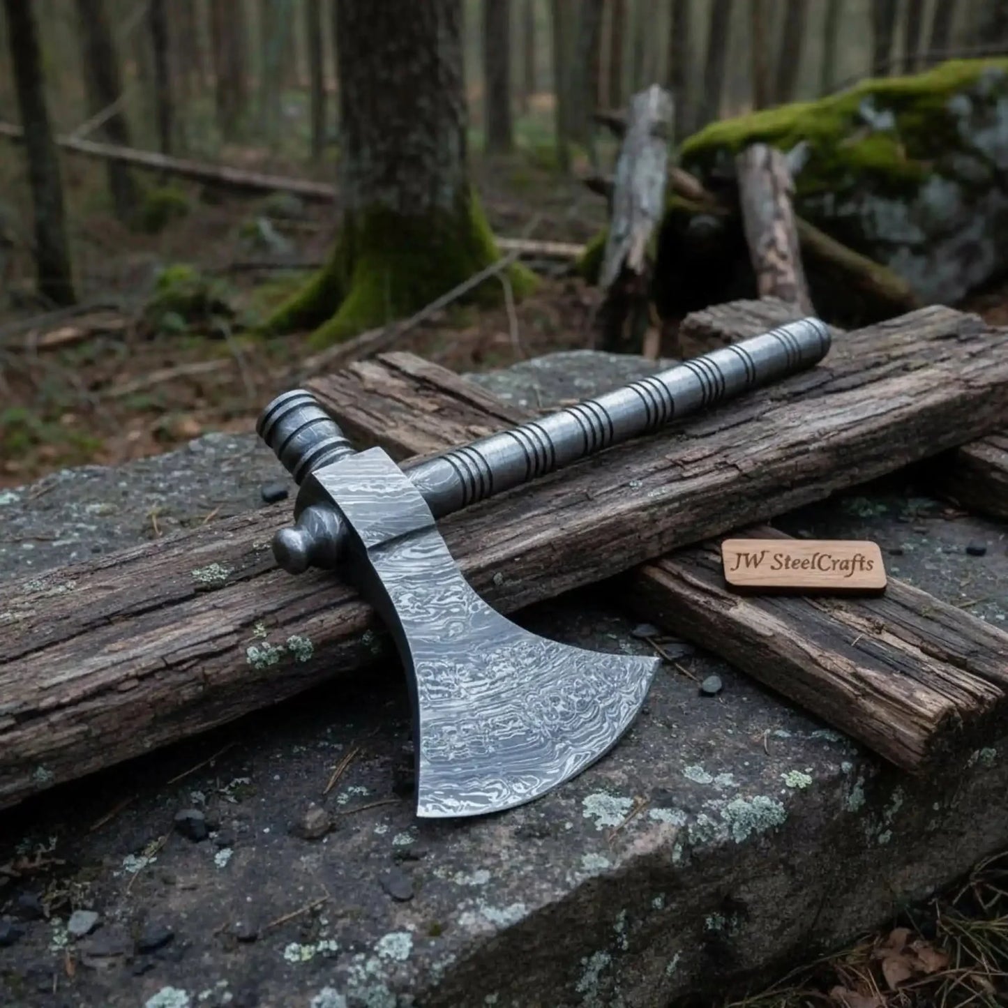 Damascus Steel Smoking Pipe Axe – Hand Forged Functional Pipe Tomahawk with Carved Hardwood Handle | JW SteelCrafts