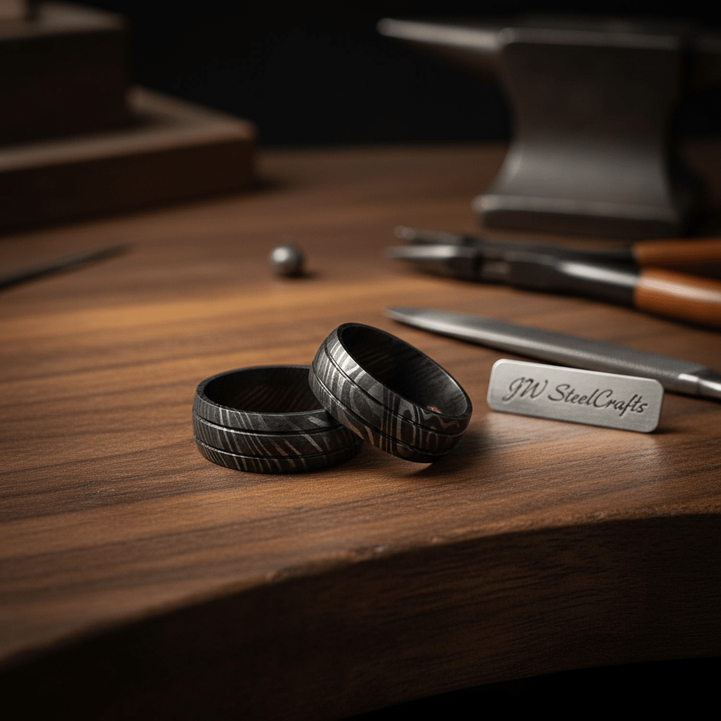 Black Damascus Steel Wedding Ring Set Double Groove Couple Bands