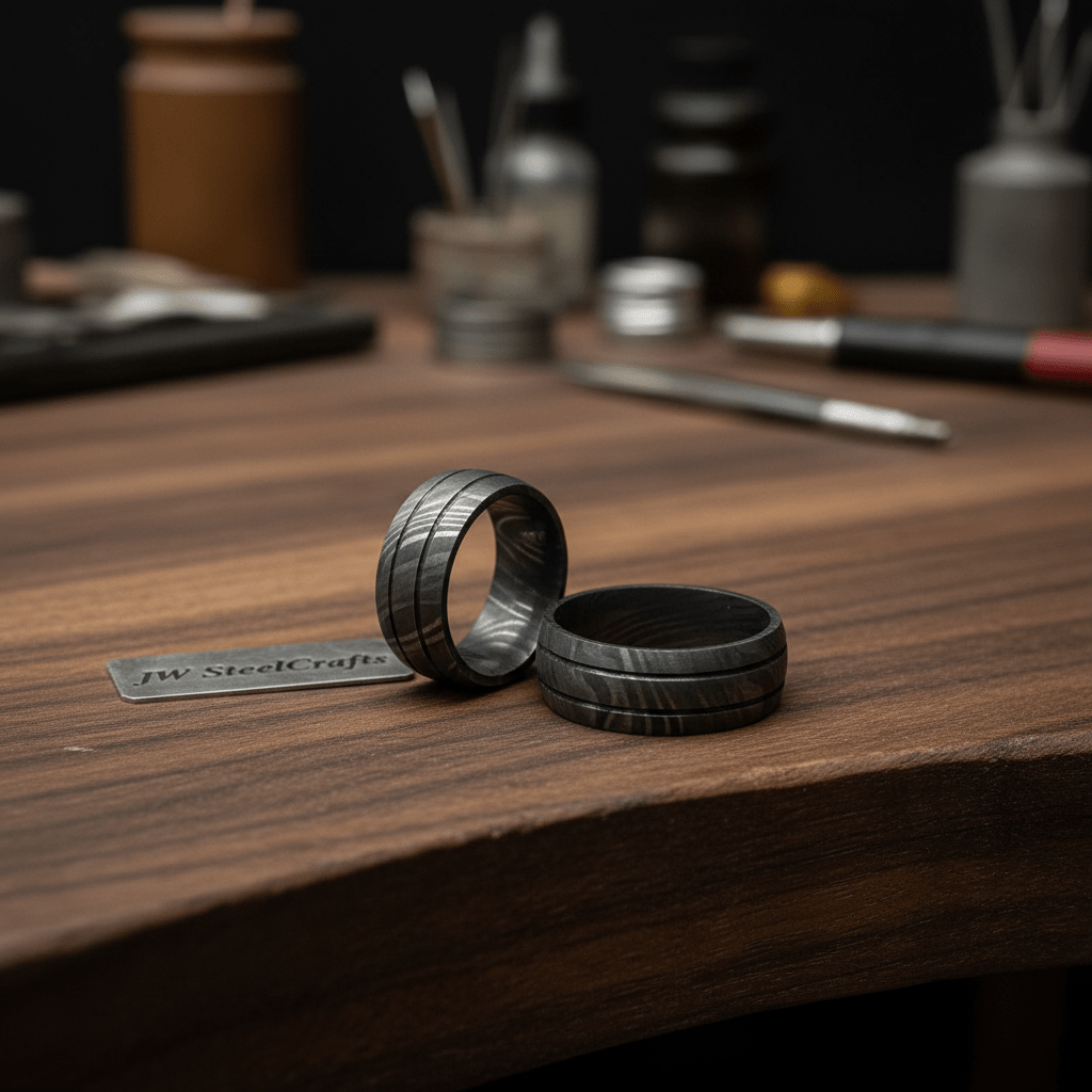 Black Damascus Steel Wedding Ring Set Double Groove Couple Bands