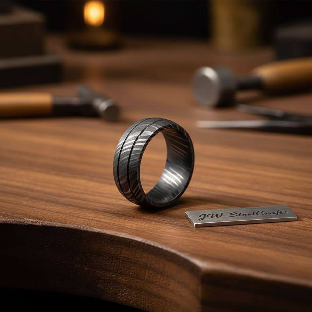 Black Damascus Steel Wedding Ring Set Double Groove Couple Bands