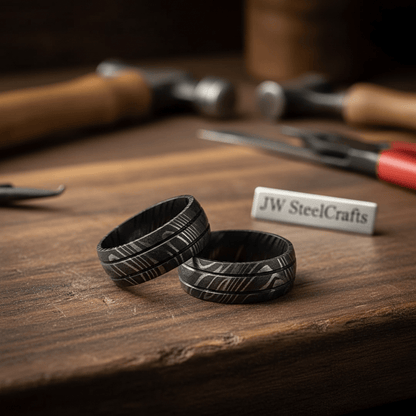 Black Damascus Steel Wedding Ring Set Double Groove Couple Bands