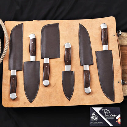 6-Piece High Carbon Steel Kitchen Knife Set with Leather Roll — Olive Wood Handles, Steel Bolsters, 7 to 12 Inc