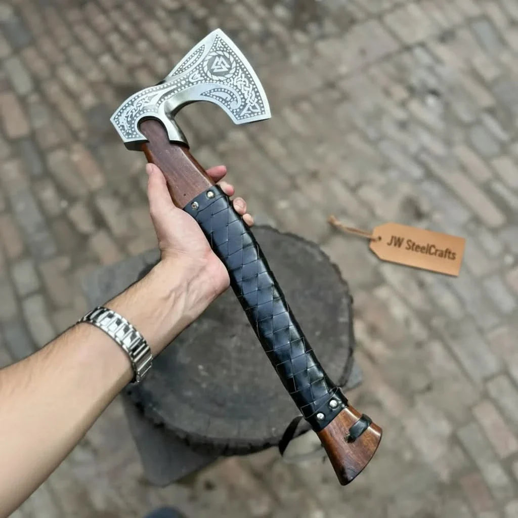 Viking Axe with Leather Wrapped Handle & Engraved Head – JW SteelCrafts