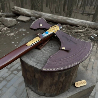Hand Forged Viking Fantasy Double-Bit Axe with Norse Engraving, Gold Handle Fittings and Blue Gemstone Inlays