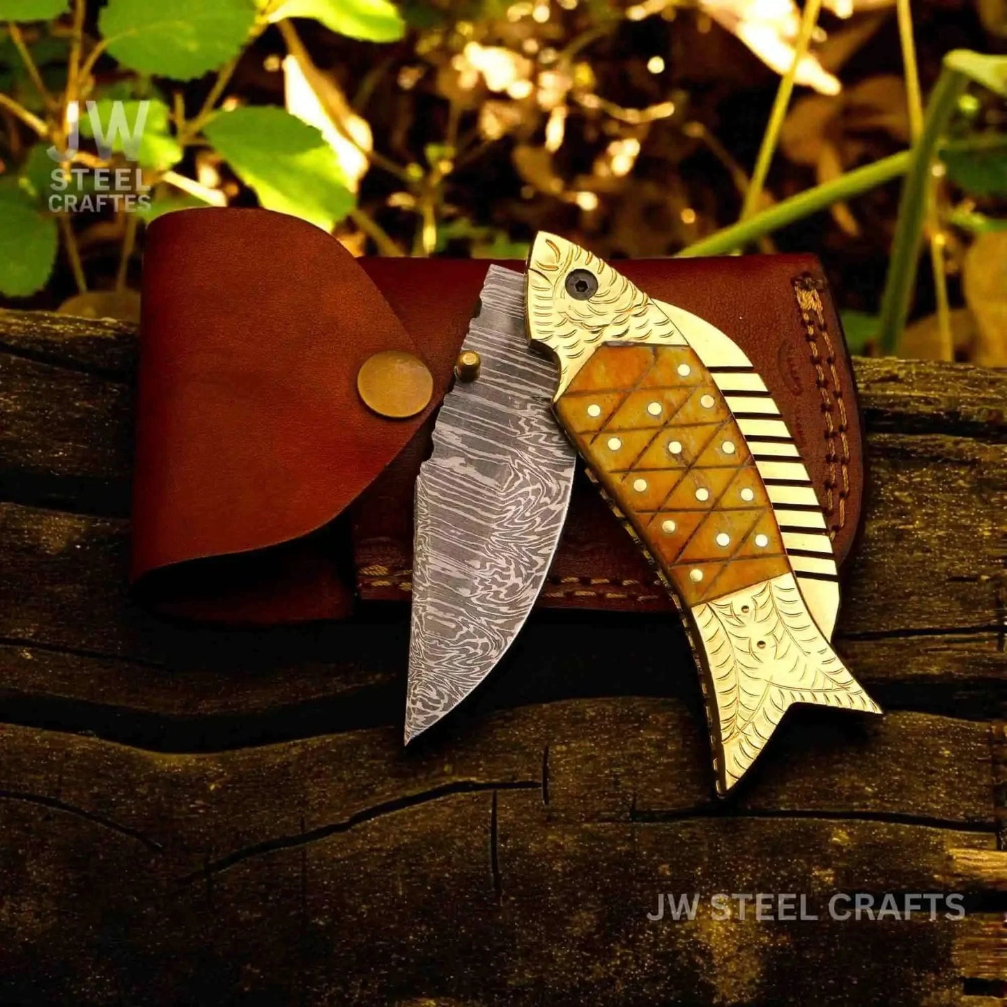 Damascus Fish Folding Knife with Bone Handle, Brass Bolster and Leather Sheath