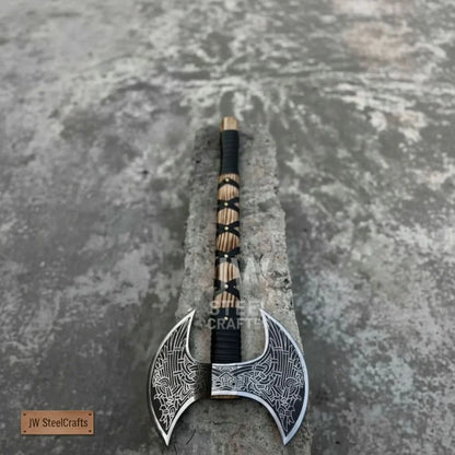 Hand Engraved Double Headed Viking Axe with Nordic Knotwork and Leather Wrapped Handle