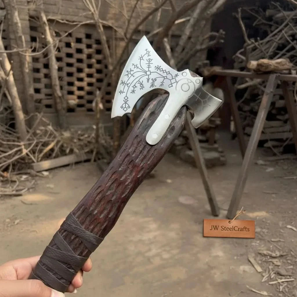 Handmade Viking Double-Bit Carbon Steel Axe with Norse Rune Etching and Engraved Hardwood Handle