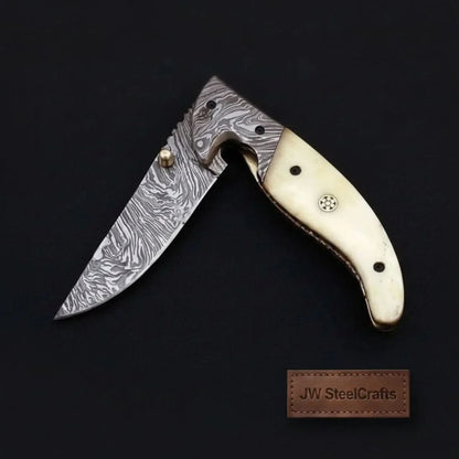 Handmade Damascus Folding Knife with Bone Handle – Compact EDC Pocket Knife with Leather Sheath