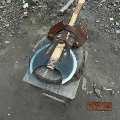 Handcrafted Double-Head Decorative Axe with Wooden Handle – JW SteelCrafts