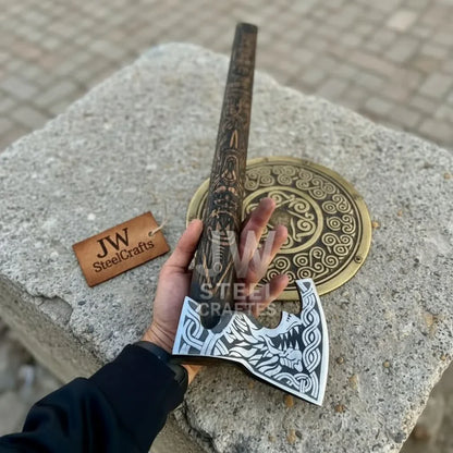 Handcrafted Viking Shield and Engraved Axe Set with Raven Motif and Norse Knotwork