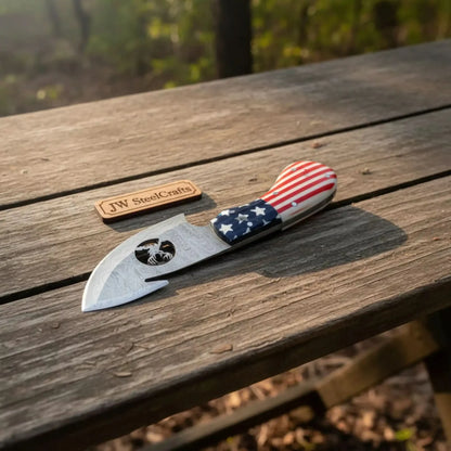 Damascus Gut Hook Skinner Knife with American Flag Handle