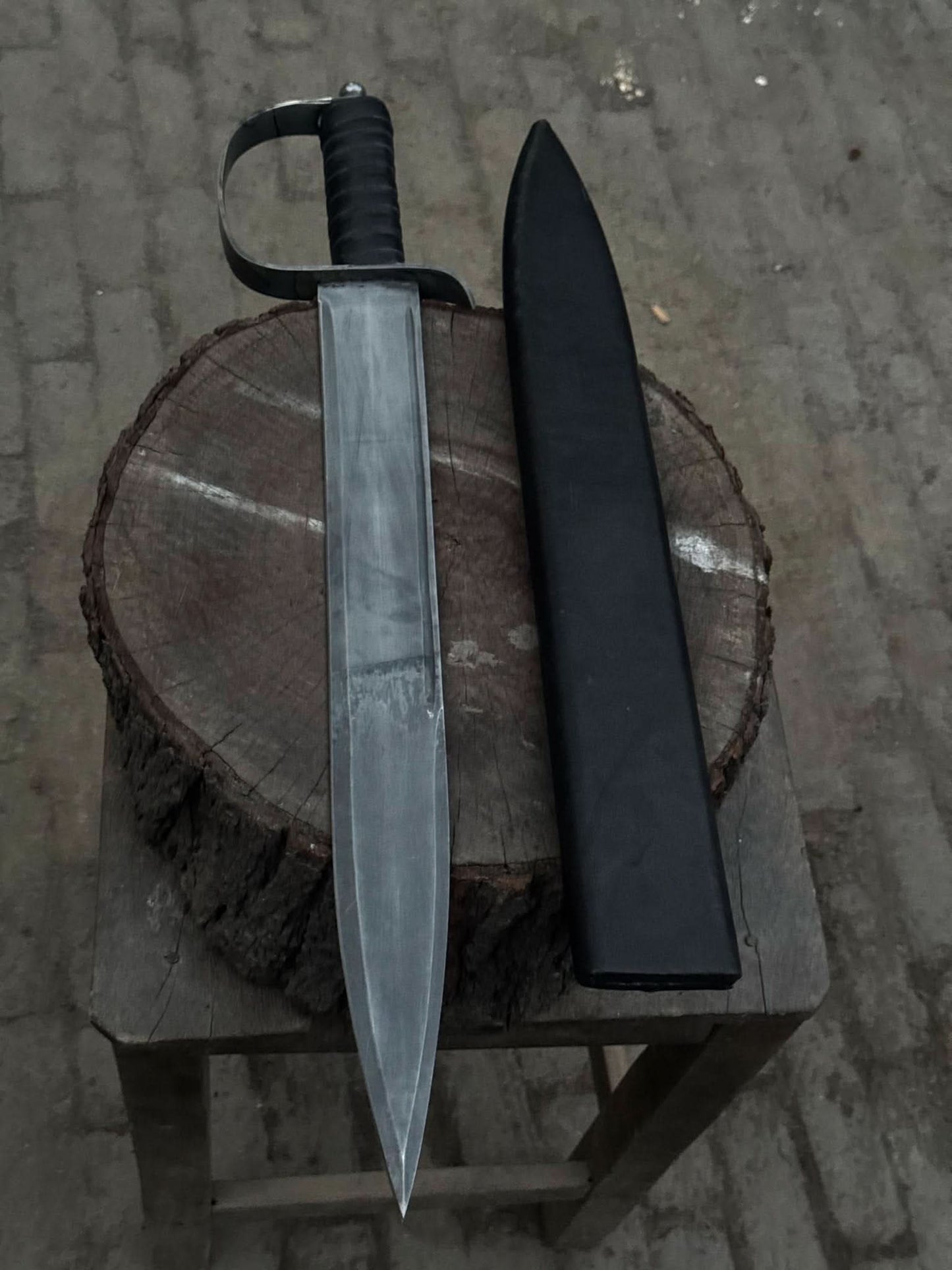 Hand-Forged Carbon Steel Long Blade with Guard | Wrapped Grip | Leather Cover Included