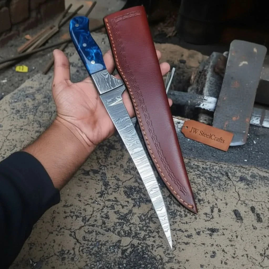 Hand-Forged  8 Inch Damascus Steel Fillet Knife  with Blue Resin Handle, Full Tang  with Leather Sheath