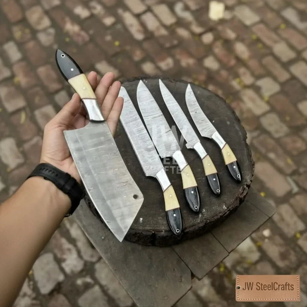 5-Piece Damascus Chef Knife Set – Camel Bone and Black Micarta Handles