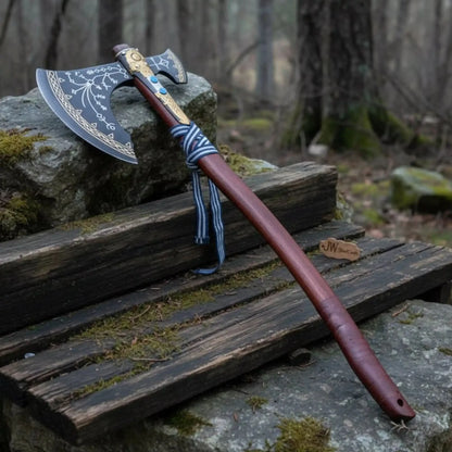 Hand Forged Viking Fantasy Double-Bit Axe with Norse Engraving, Gold Handle Fittings and Blue Gemstone Inlays