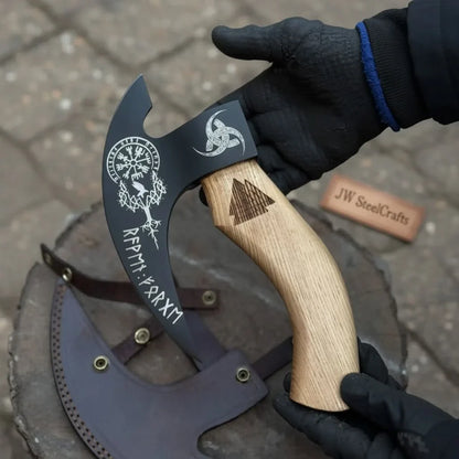 Viking Rune Engraved Bearded Axe Pizza Cutter — Carbon Steel Blade, Ash Wood Handle