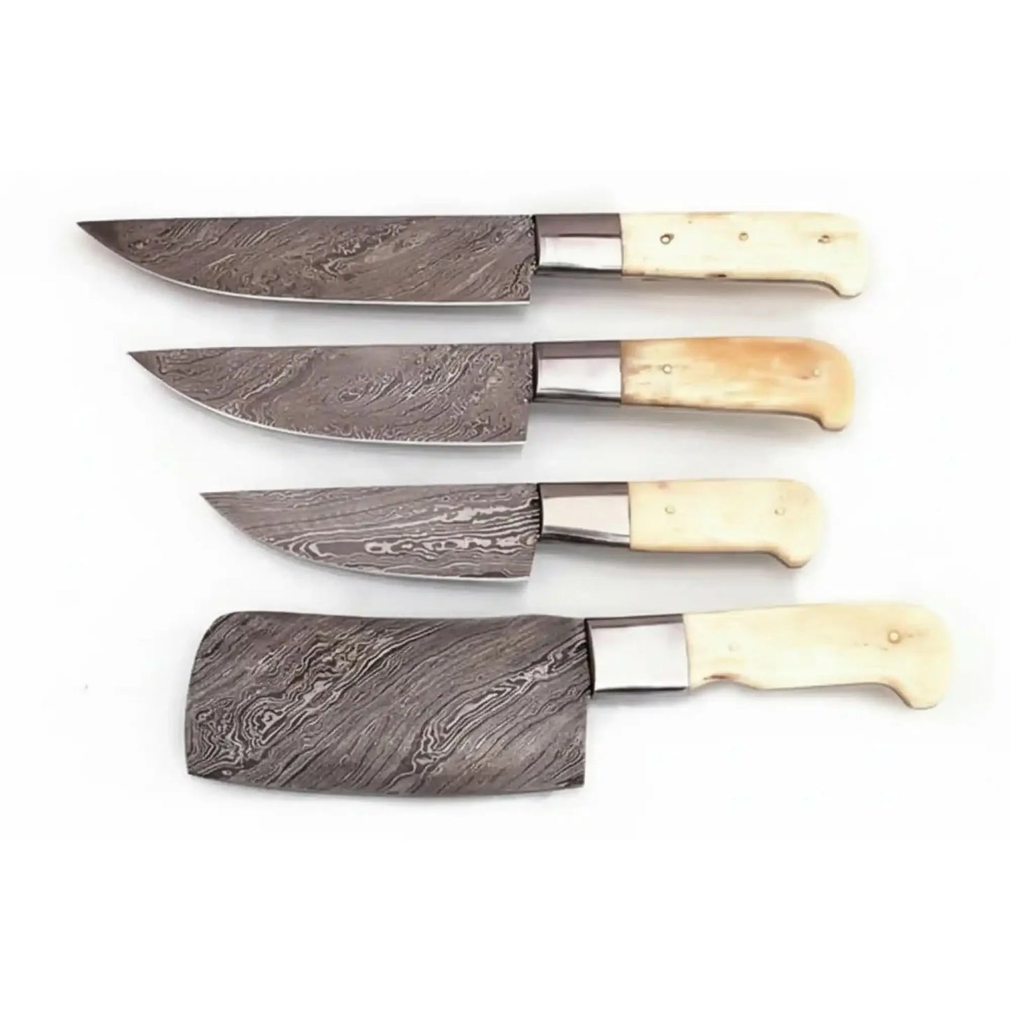 4-Piece Damascus Kitchen Knife Set — Chef, Slicer, Utility & Cleaver with White Camel Bone Handles & Steel Bolsters | JW Steel Crafts