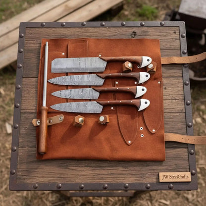 Hand-Forged Damascus Chef Knife Set with Leather Roll & Sharpening Rod - Rosewood Handle Collection