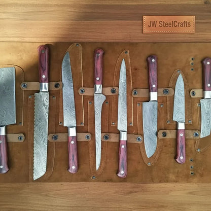 8-Piece Damascus Kitchen Knife Set — Red Pakka Wood Handles