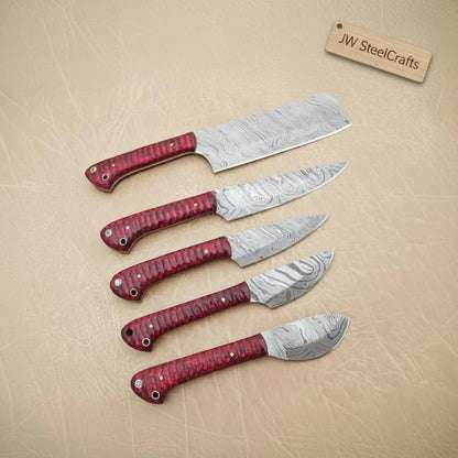 6-Piece Damascus Kitchen Knife Set — Bread, Chef, Santoku, Utility, Boning & Paring with Red Wood Handles