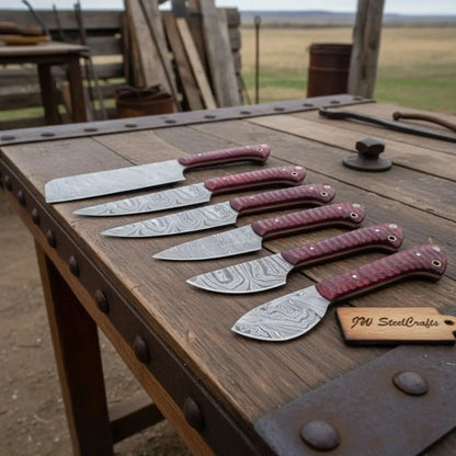 6-Piece Damascus Kitchen Knife Set — Bread, Chef, Santoku, Utility, Boning & Paring with Red Wood Handles