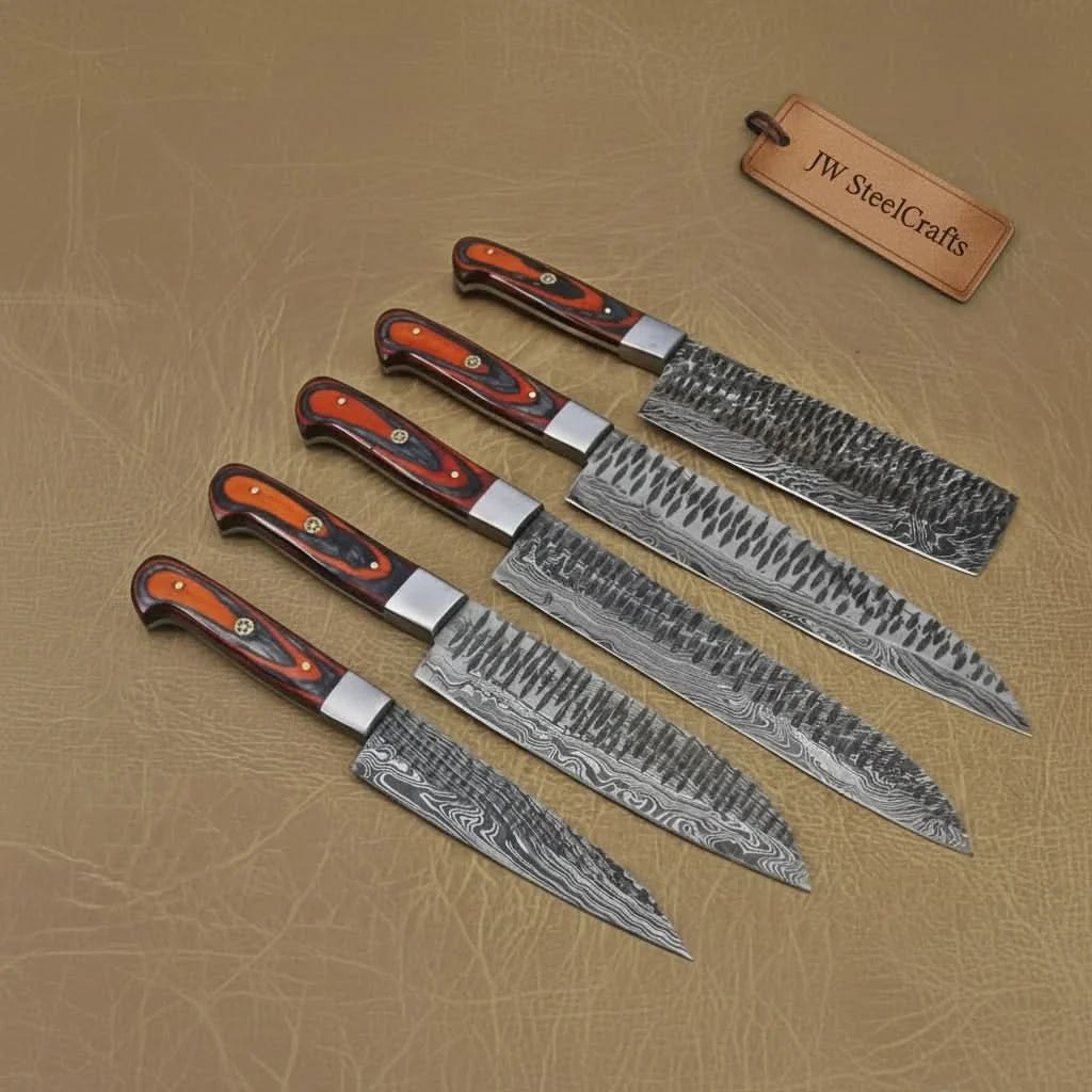 5-Piece Handmade Damascus Kitchen Knife Set with Red Pakka Wood Handles