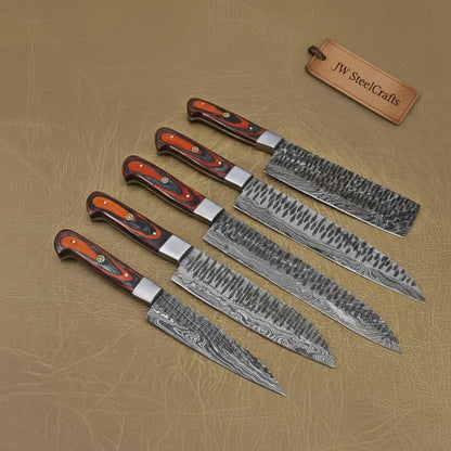 5-Piece Handmade Damascus Kitchen Knife Set with Red Pakka Wood Handles