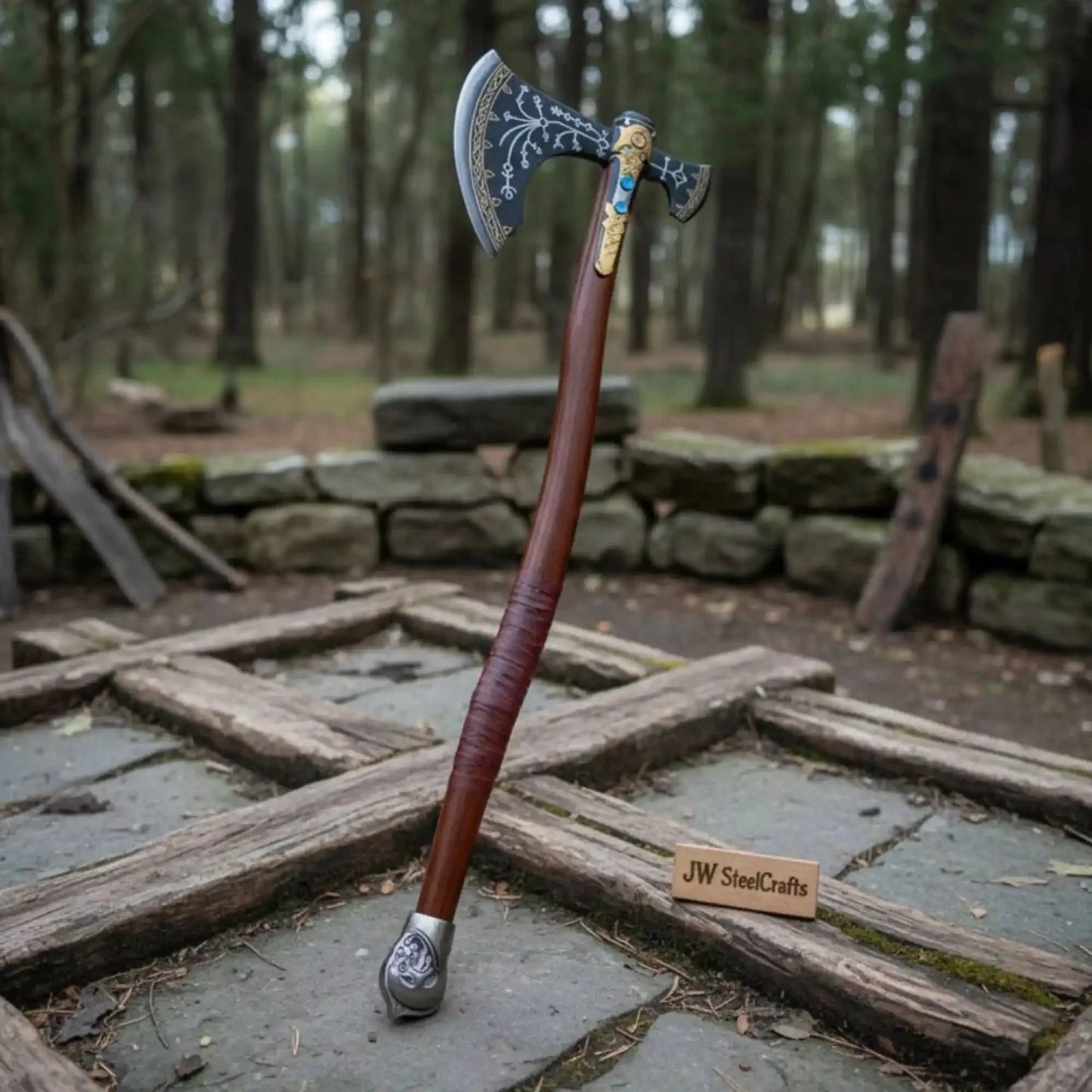 Hand Forged Viking Fantasy Double-Bit Axe with Norse Engraving, Gold Handle Fittings and Blue Gemstone Inlays