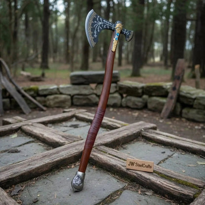 Hand Forged Viking Fantasy Double-Bit Axe with Norse Engraving, Gold Handle Fittings and Blue Gemstone Inlays