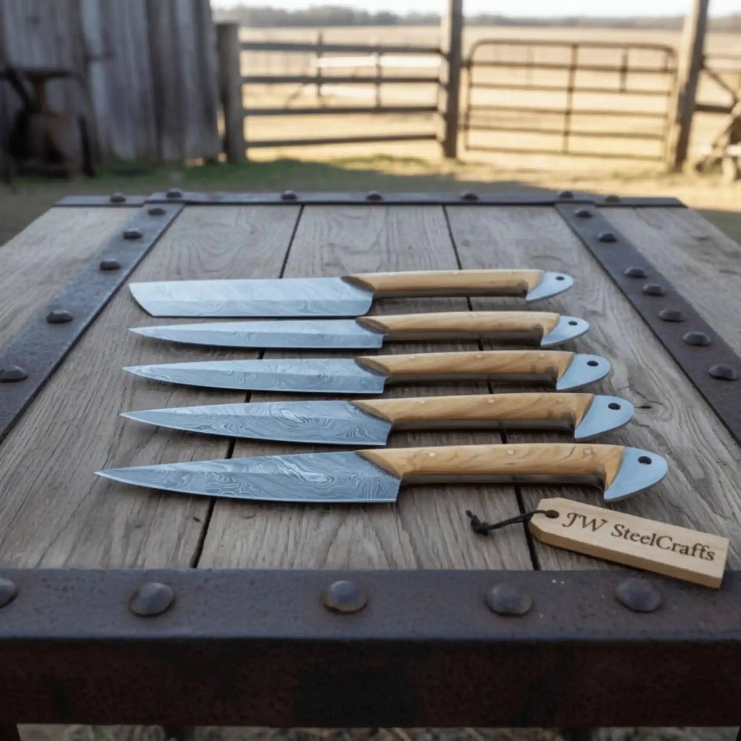 Damascus Kitchen Knife Set of 4 - Hand-Forged Full Tang Blades
