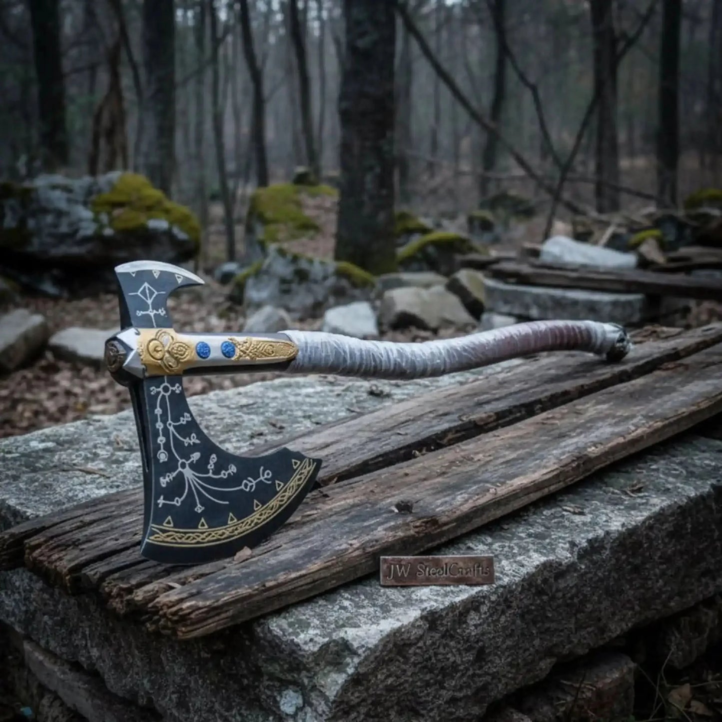 Hand Forged Viking Fantasy Double-Bit Axe with Norse Engraving, Gold Handle Fittings and Blue Gemstone Inlays