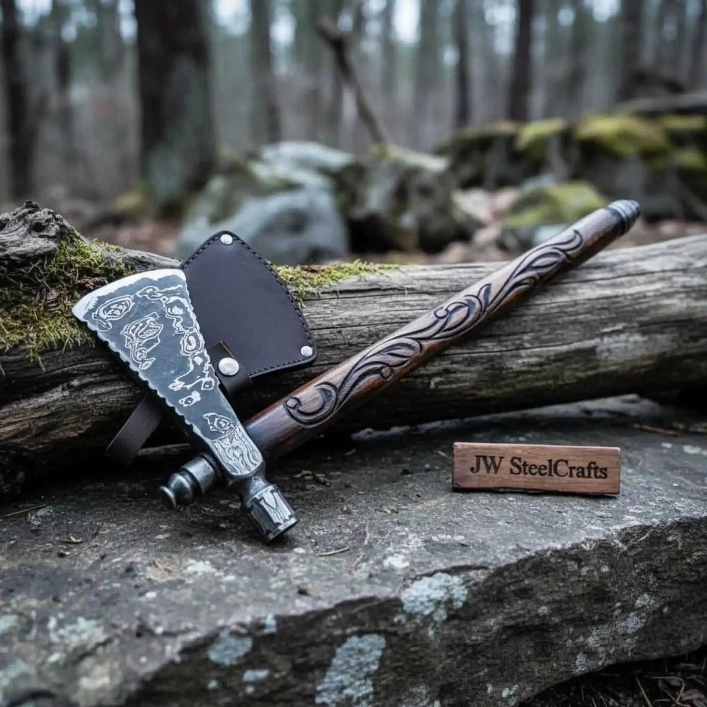 Custom Hand Forged Damascus Steel Smoking Axe – Functional Pipe Axe with Carved Hardwood Shaft