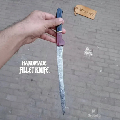 13-Inch Forged Damascus Boning & Fillet Knife — Blue and Red Two-Tone Resin Handle, Steel Bolster & Silver Pins